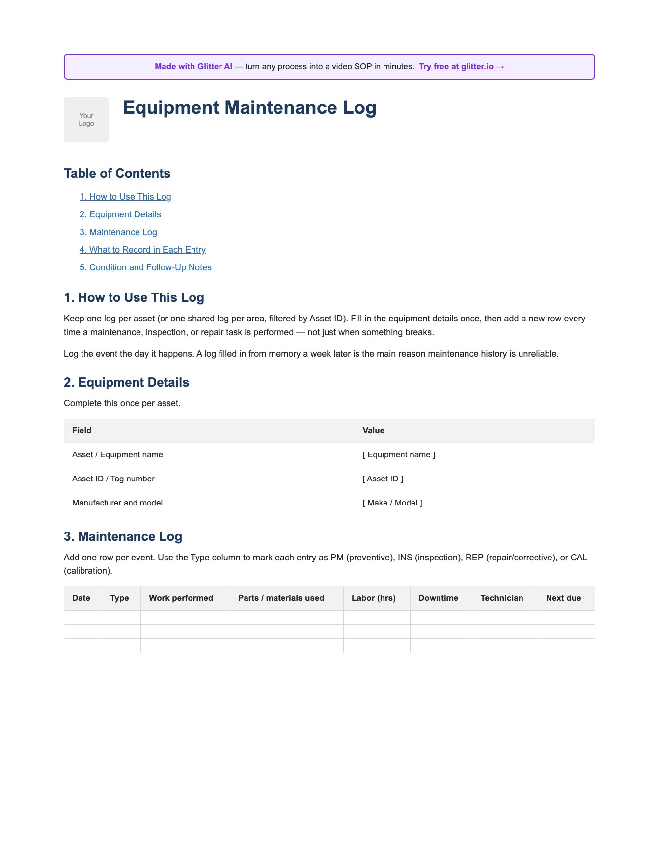 Equipment maintenance log template preview