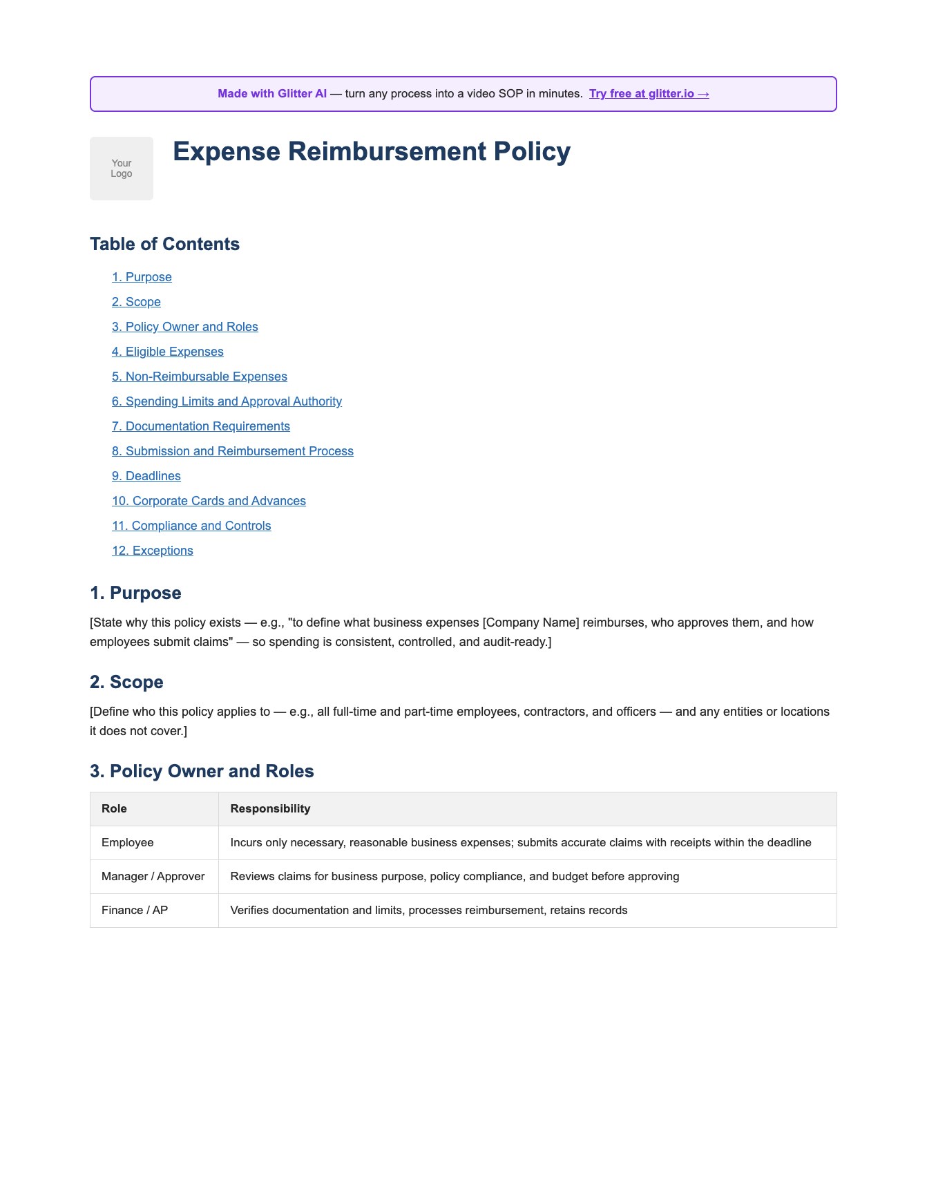 Expense reimbursement policy template preview