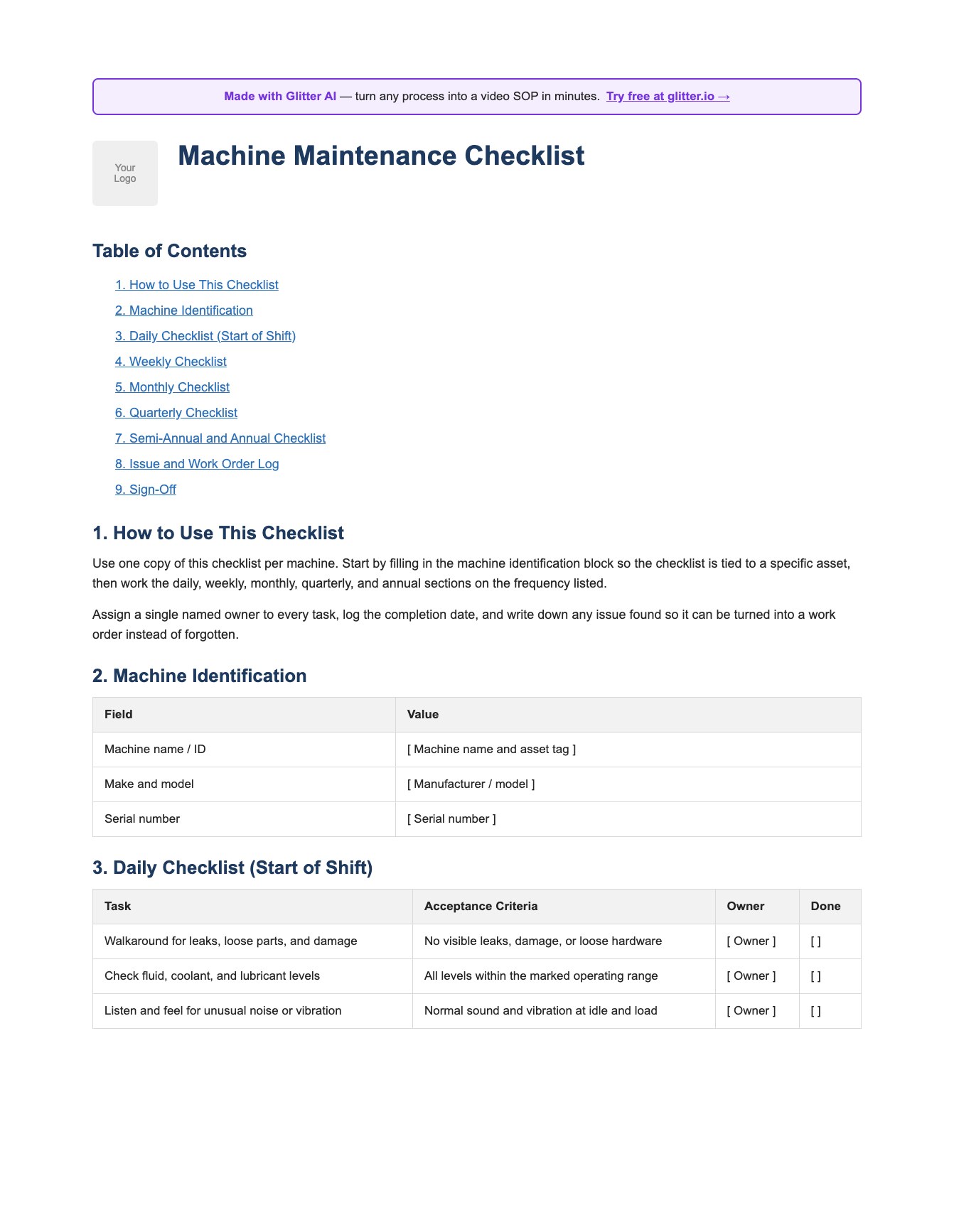 Machine maintenance checklist template preview