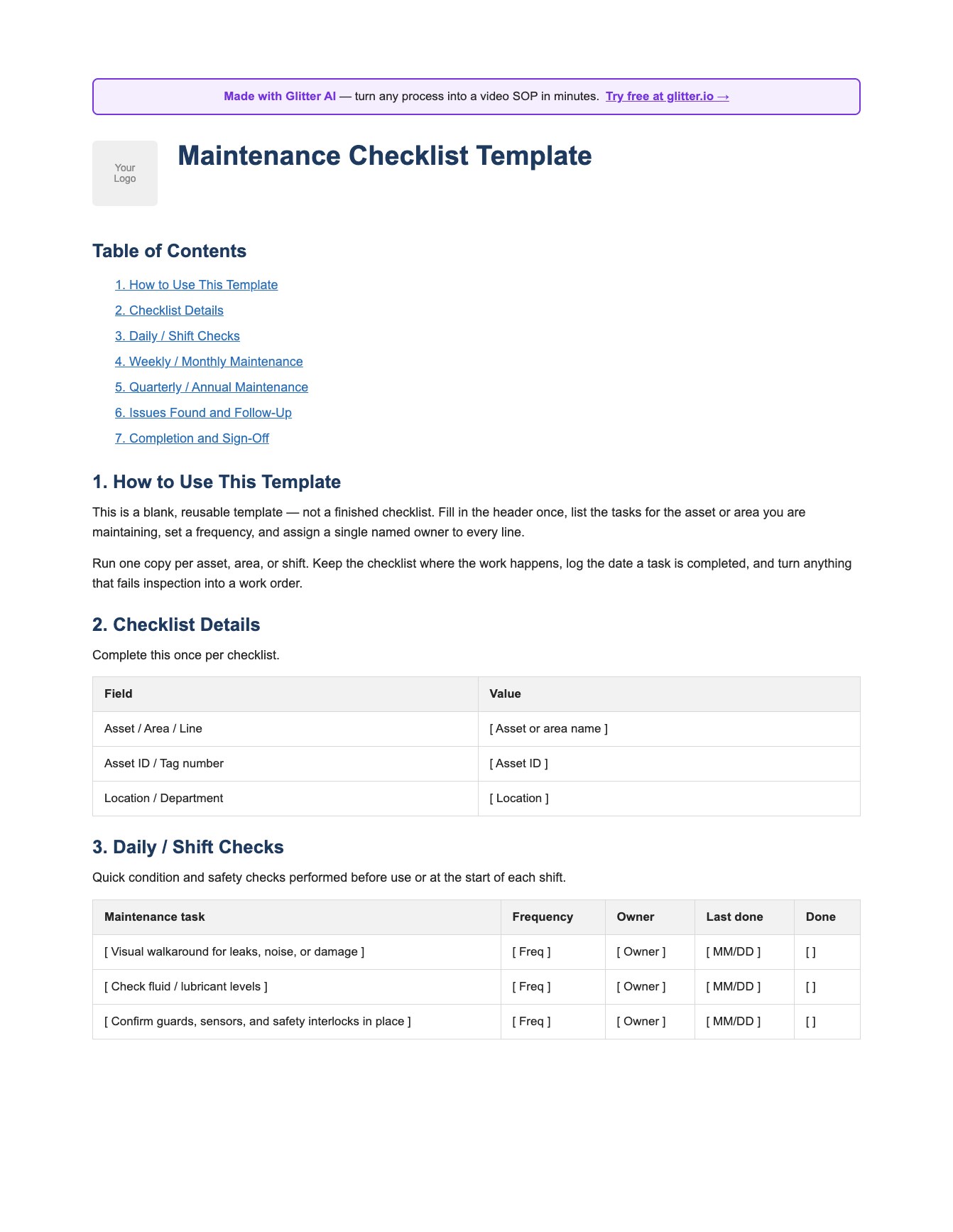 Maintenance checklist template preview