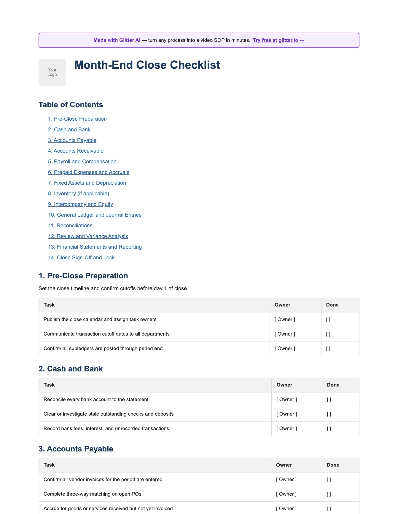 Month-end close checklist template preview