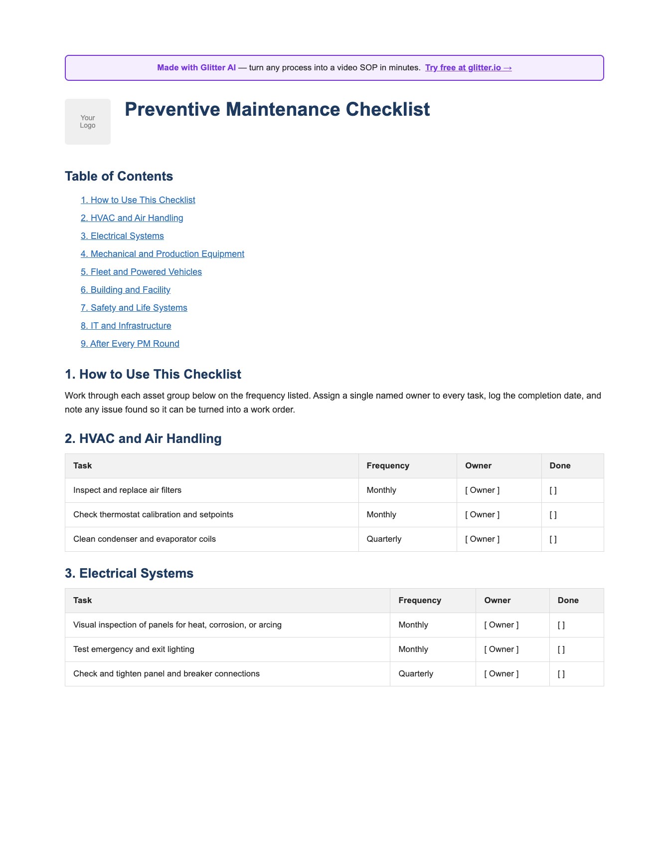 Preventive maintenance checklist template preview