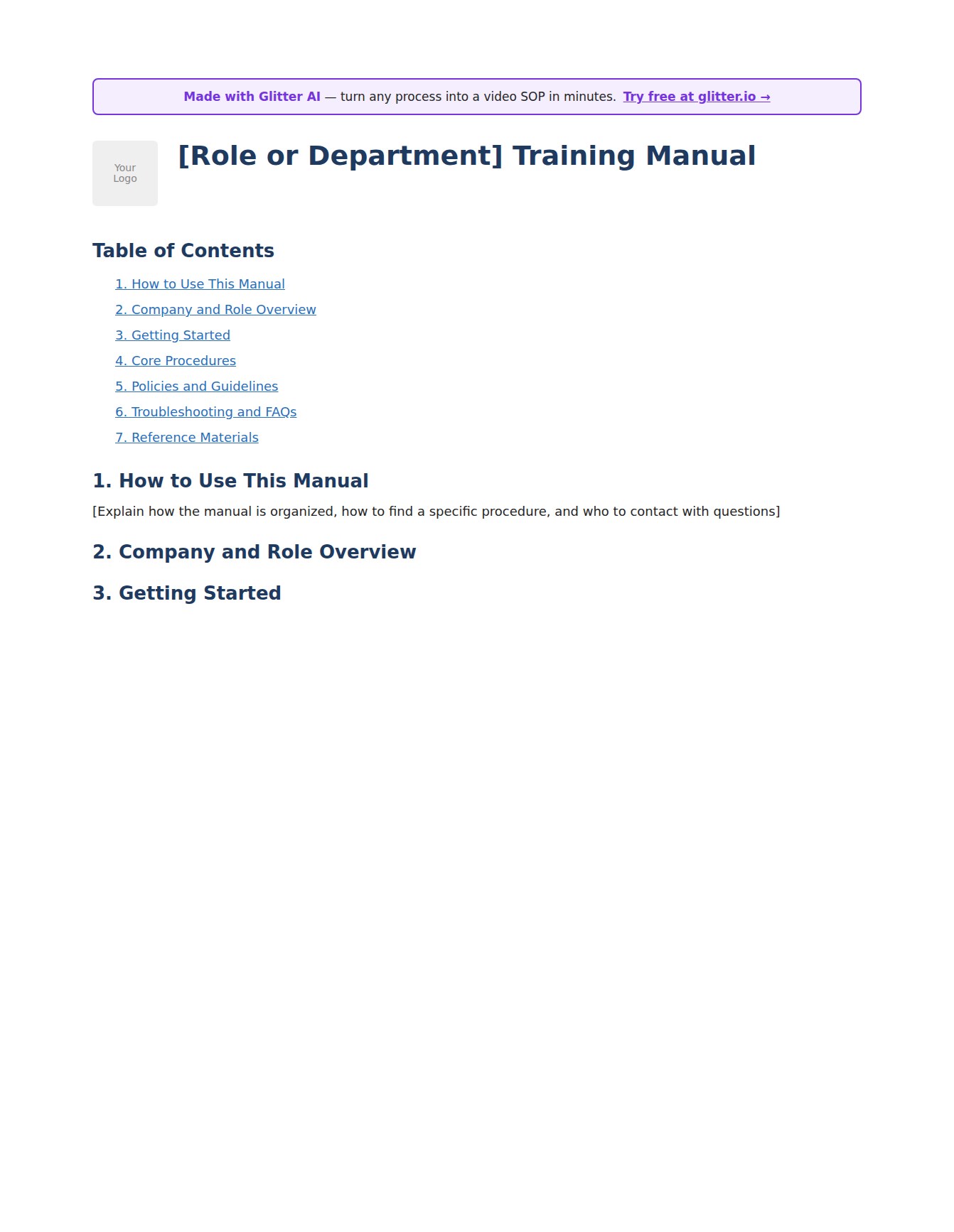 Training manual template preview showing structured sections and step-by-step procedures