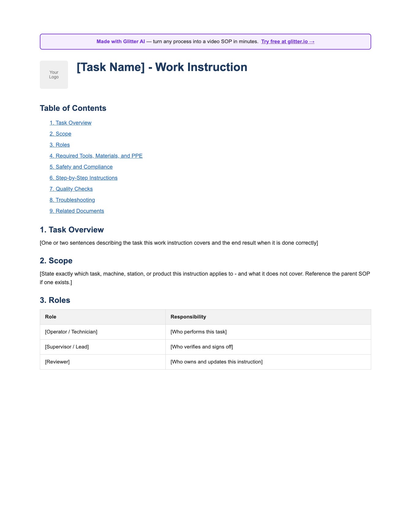 Work instruction template preview