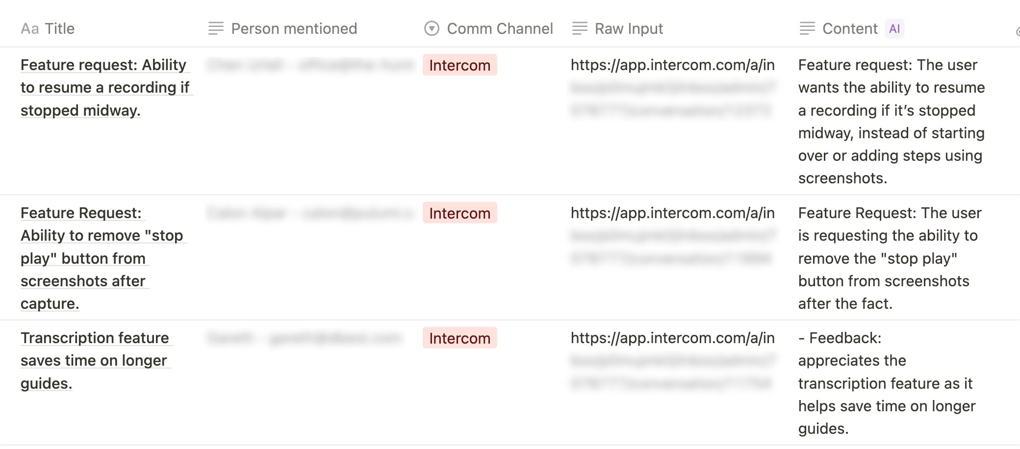 Table displaying incoming feature requests in the 'Second Brain' space in Notion, used for managing customer feedback, bug reports, and feature suggestions at Glitter AI.